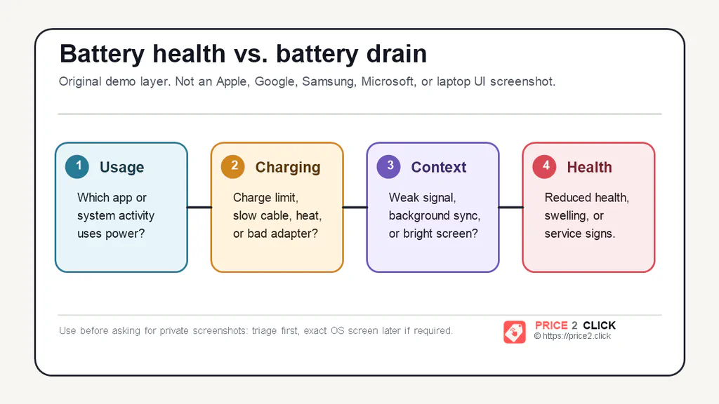 Diagram showing a safe order for diagnosing battery drain and battery health: usage, charging, context, then health or service signs.