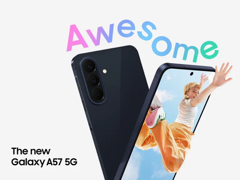 Samsung Galaxy A57 5G product image with rear camera stack and front display.