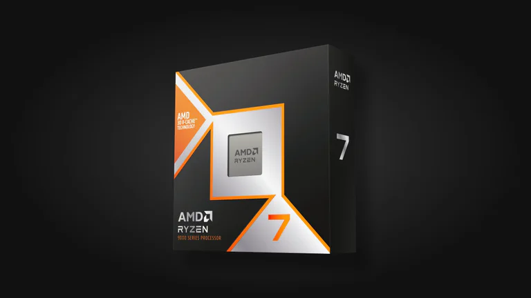 AMD Ryzen 7 9800X3D retail box on a dark product background.