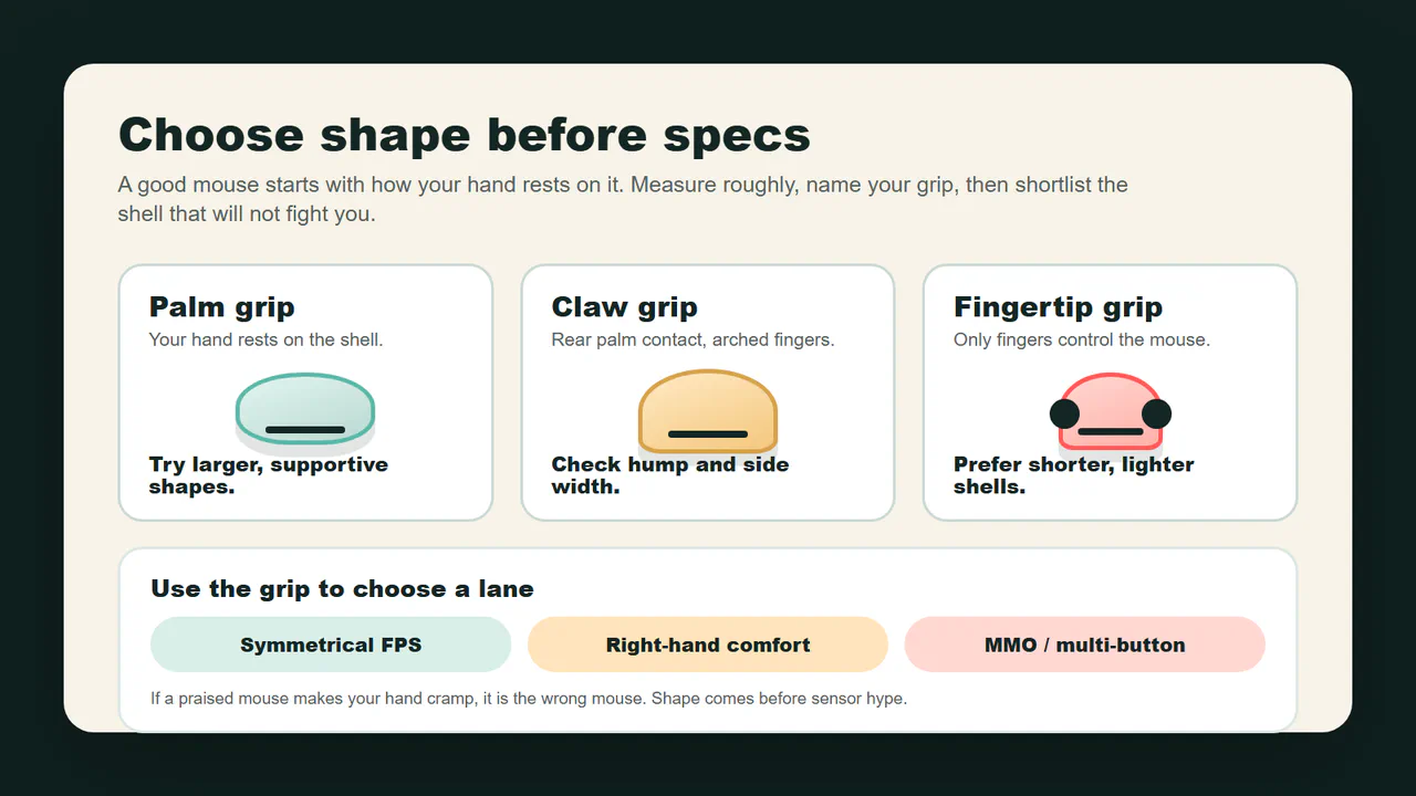 Palm, claw and fingertip grip map for choosing a gaming mouse shape.