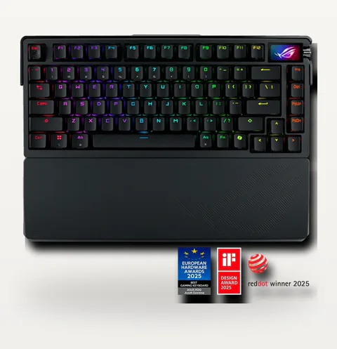 ASUS ROG Azoth Extreme compact gaming keyboard with wrist rest.
