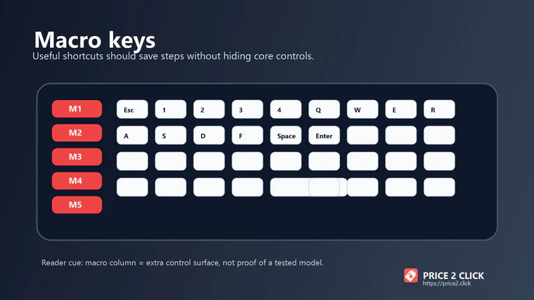 Large gaming keyboard with extra macro keys taking up desk space.