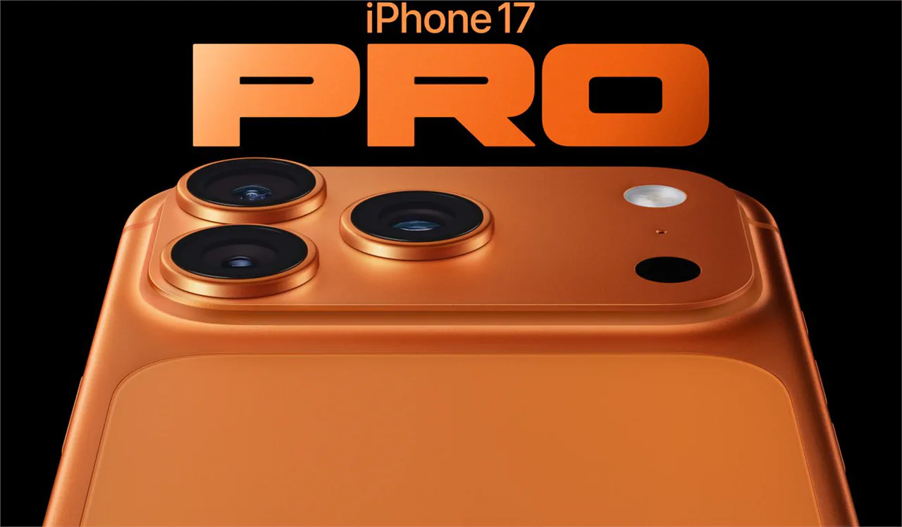 Official Apple image of the iPhone 17 Pro camera system in cosmic orange.