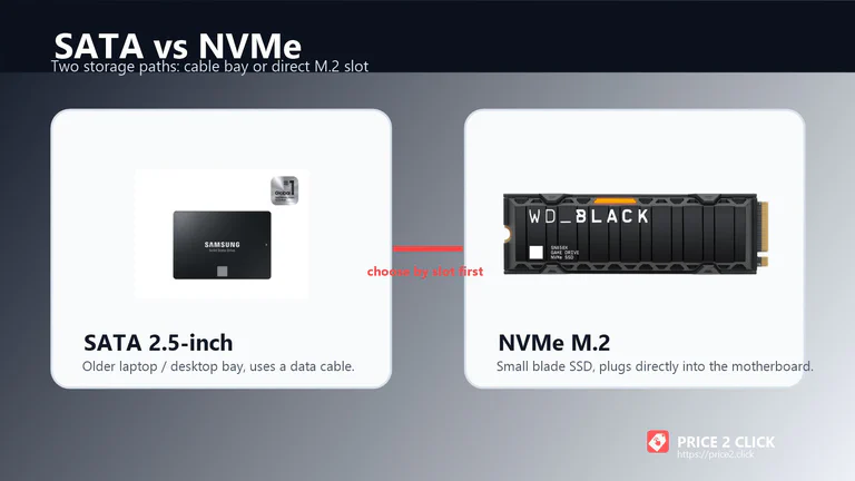 A 2.5-inch SATA SSD next to an M.2 NVMe SSD.