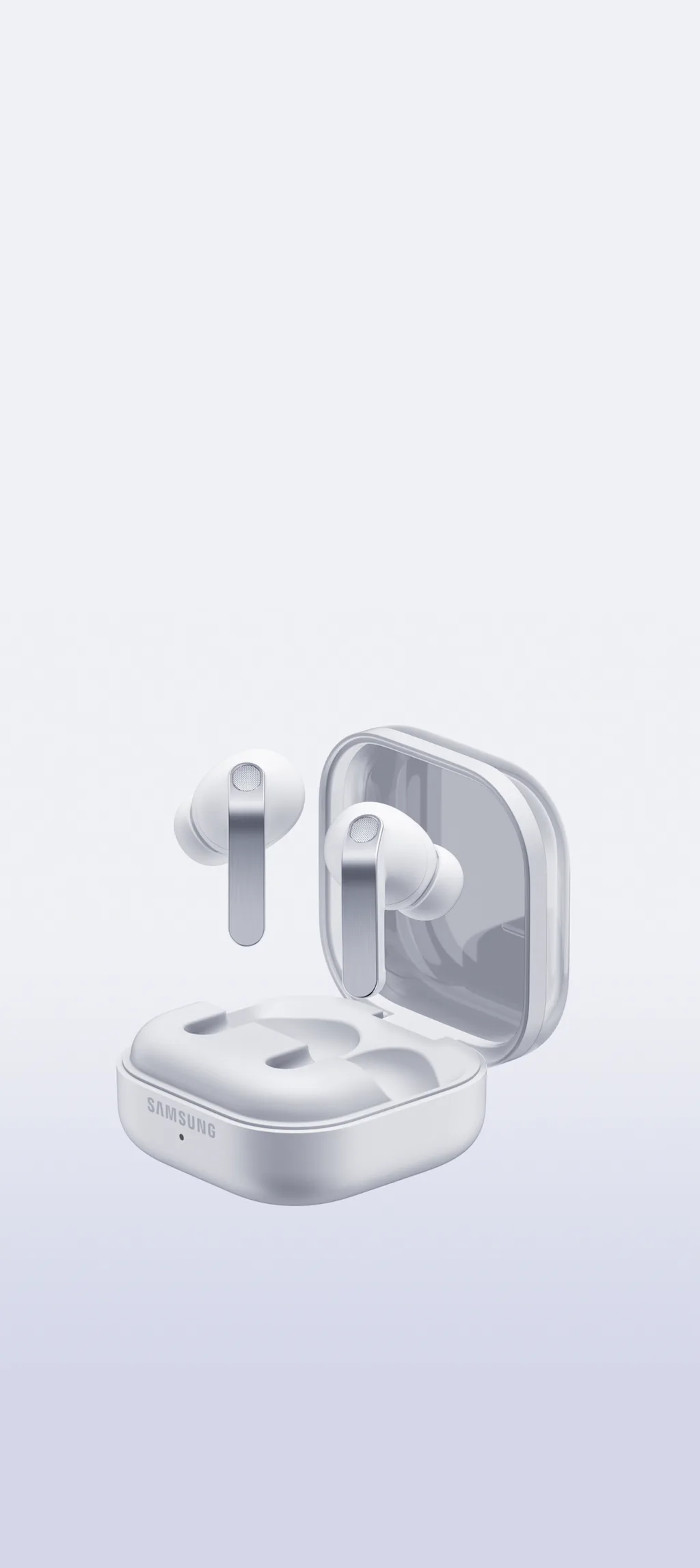 Samsung Galaxy Buds4 Pro earbuds and charging case.