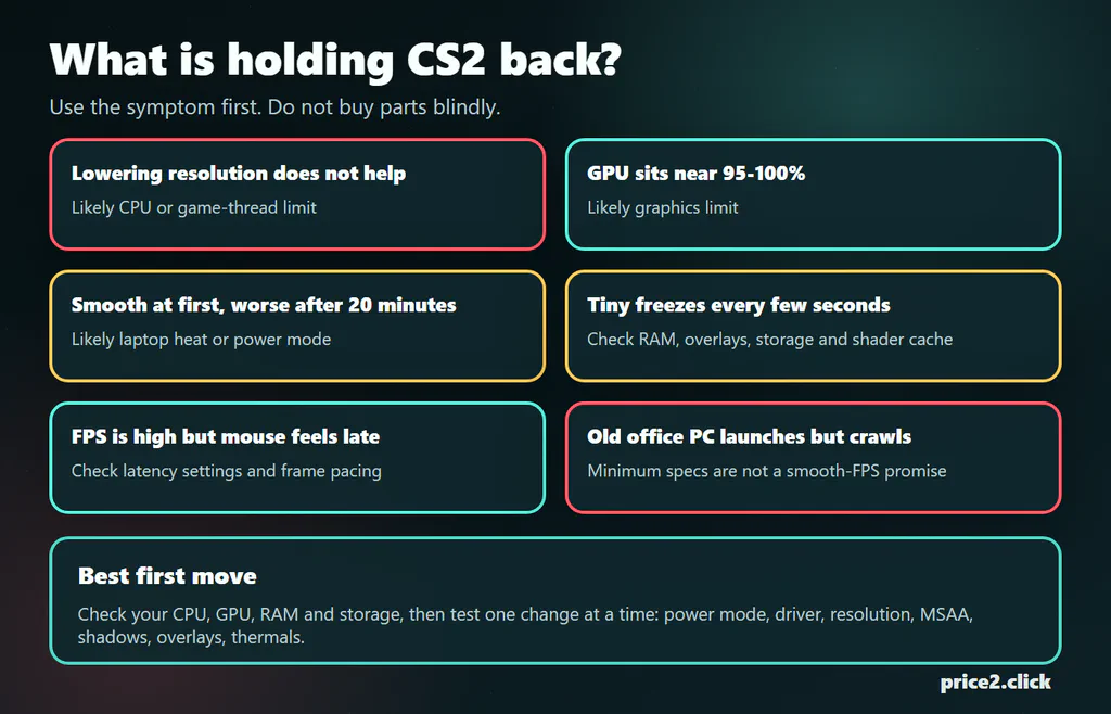 Price2Click flowchart showing common Counter-Strike 2 FPS bottleneck symptoms such as CPU limits, GPU load, laptop heat, RAM pressure and latency.