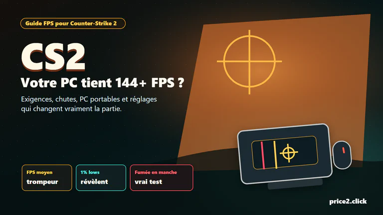 Illustration éditoriale Price2Click pour vérifier les FPS de Counter-Strike 2, le CPU, le GPU, la RAM et les limites de PC portable.
