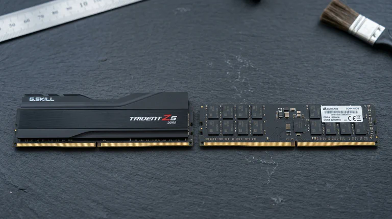 DDR5 and DDR4 desktop memory modules side by side on a slate workbench.