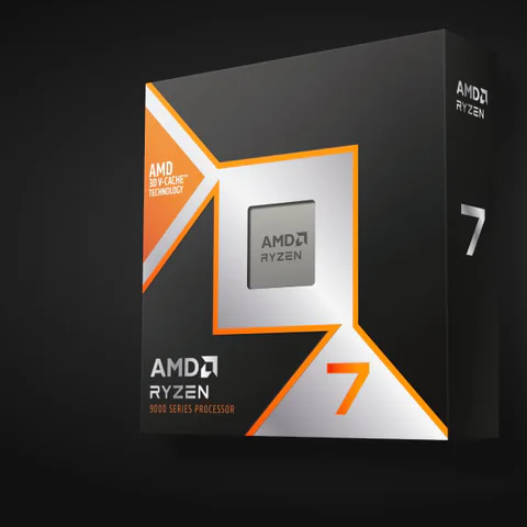 Caja de venta al público del AMD Ryzen 7 9800X3D sobre un fondo de producto oscuro.
