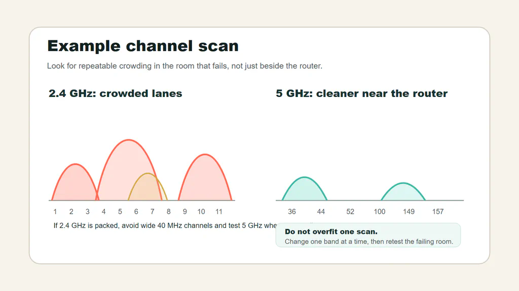 Example Wi-Fi channel scan showing crowded 2.4 GHz channels and a cleaner 5 GHz option.