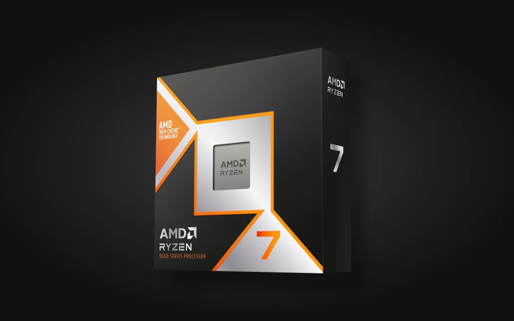 Boîte de vente de l'AMD Ryzen 7 9800X3D sur un fond sombre de produit.