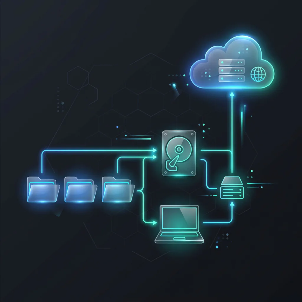 Folders copied to a local drive, laptop, and cloud server to show a practical home backup flow.