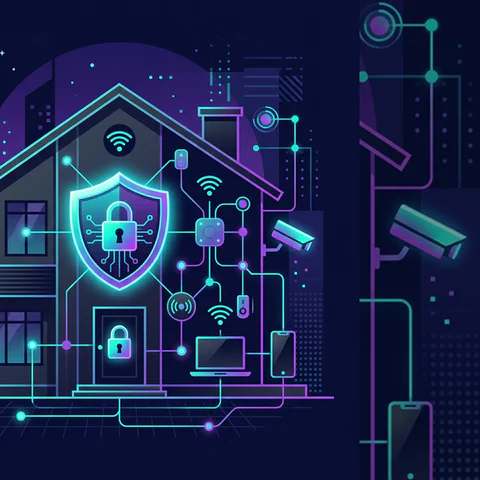 Подключенный дом под цифровым щитом, с Wi-Fi, камерами, телефонами и ноутбуками в домашней сети.