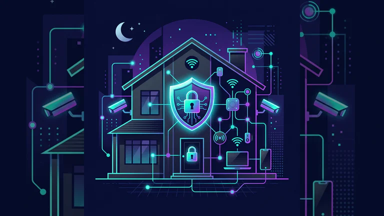 Connected home protected by a digital shield, with Wi-Fi, cameras, phones, and laptops on a home network.