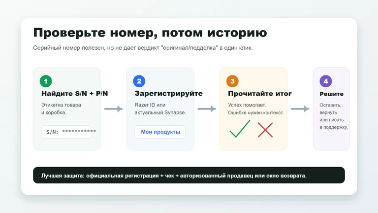 Четырехшаговая схема проверки серийного номера Razer: найти серийный номер и номер продукта, зарегистрировать, прочитать результат, затем решить, оставить товар, вернуть его или обратиться в поддержку.