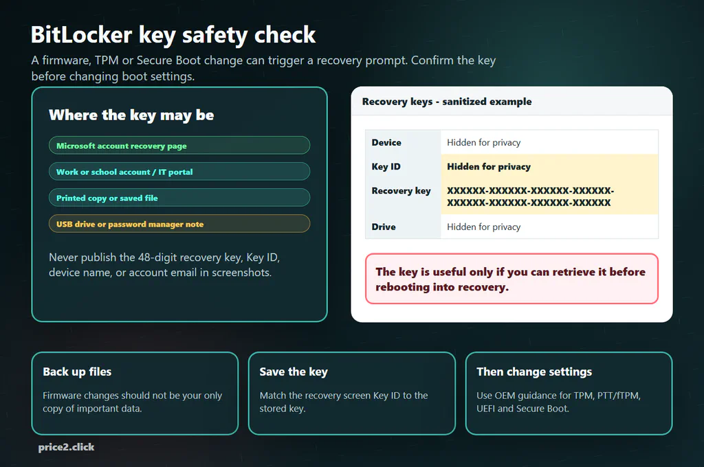 Sanitized editorial example showing BitLocker recovery-key privacy fields and reminders to back up the key before firmware changes.