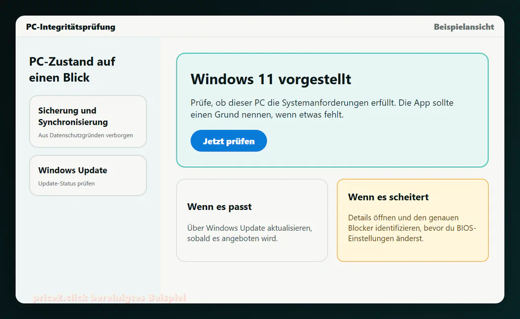 Bereinigtes deutsches Beispiel der PC-Integritätsprüfung mit Windows-11-Schaltfläche Jetzt prüfen.