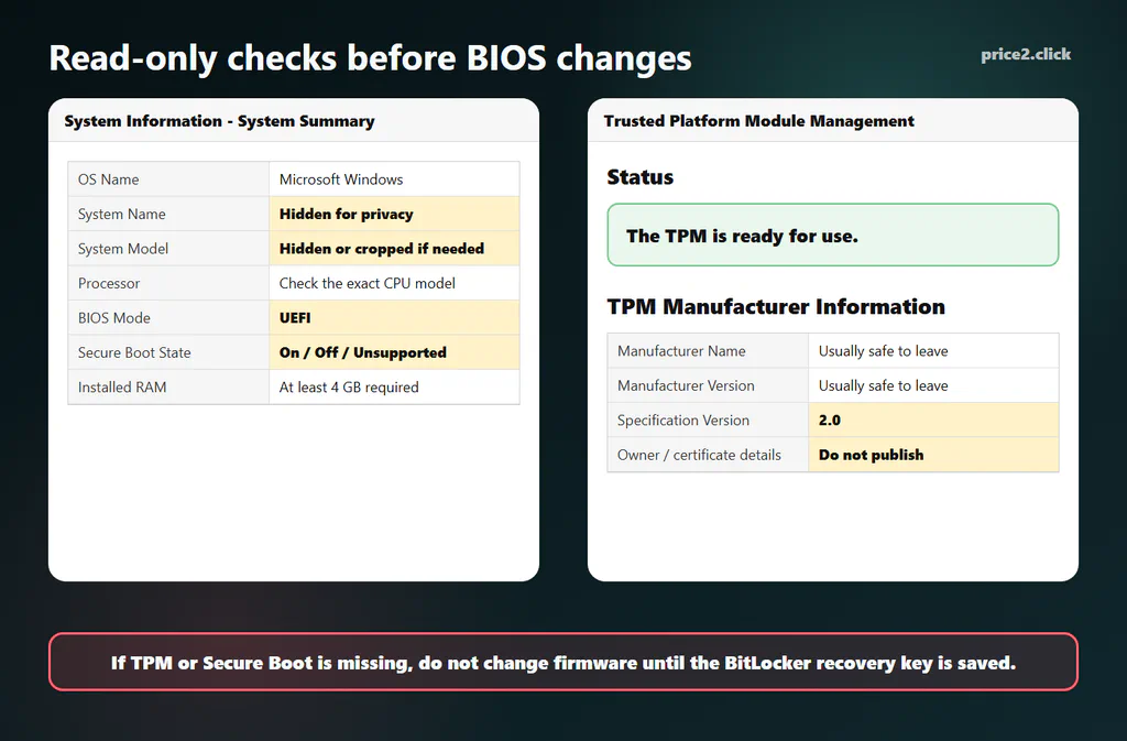 Sanitized editorial example showing tpm.msc and msinfo32 fields for TPM specification version, BIOS Mode and Secure Boot State.