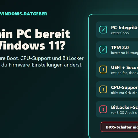 Windows-11-Checkliste für PC-Integritätsprüfung, TPM 2.0, Secure Boot, CPU-Unterstützung und BitLocker-Schlüssel.