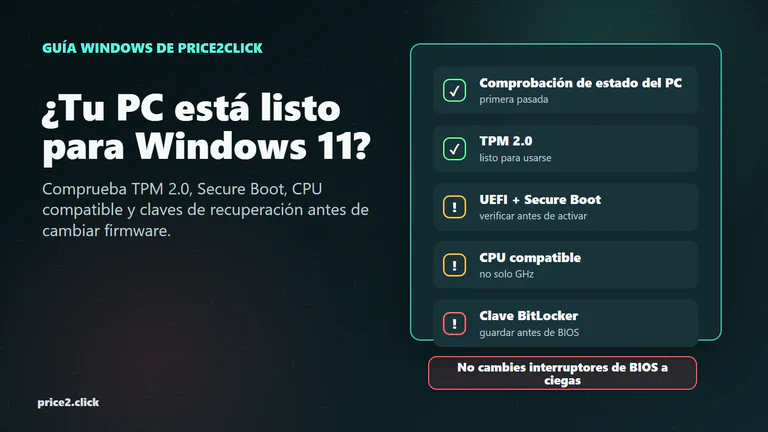 Lista de preparación para Windows 11 con Comprobación de estado del PC, TPM 2.0, Secure Boot, CPU y claves de BitLocker.