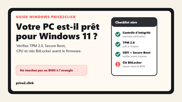 Illustration éditoriale Price2Click montrant une checklist de compatibilité Windows 11 pour Contrôle d'intégrité du PC, TPM 2.0, Secure Boot, le CPU et les clés BitLocker.