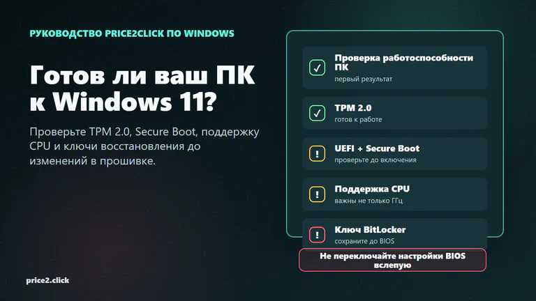 Чеклист готовности к Windows 11: PC Health Check, TPM 2.0, Secure Boot, поддержка CPU и ключи восстановления BitLocker.