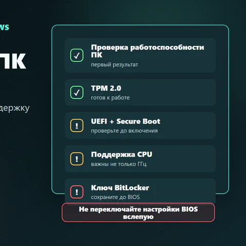 Чеклист готовности к Windows 11: PC Health Check, TPM 2.0, Secure Boot, поддержка CPU и ключи восстановления BitLocker.