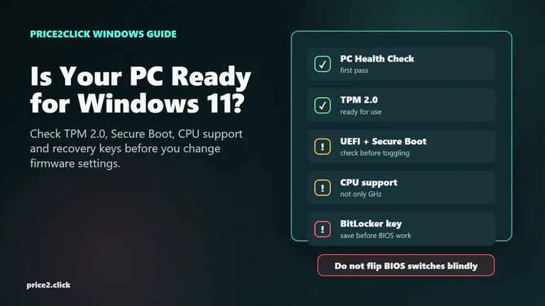 Windows 11 readiness checklist showing PC Health Check, TPM 2.0, Secure Boot, CPU support and BitLocker recovery keys.