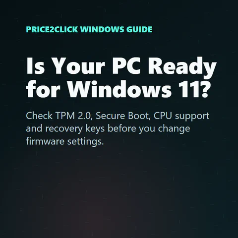 Windows 11 readiness checklist showing PC Health Check, TPM 2.0, Secure Boot, CPU support and BitLocker recovery keys.