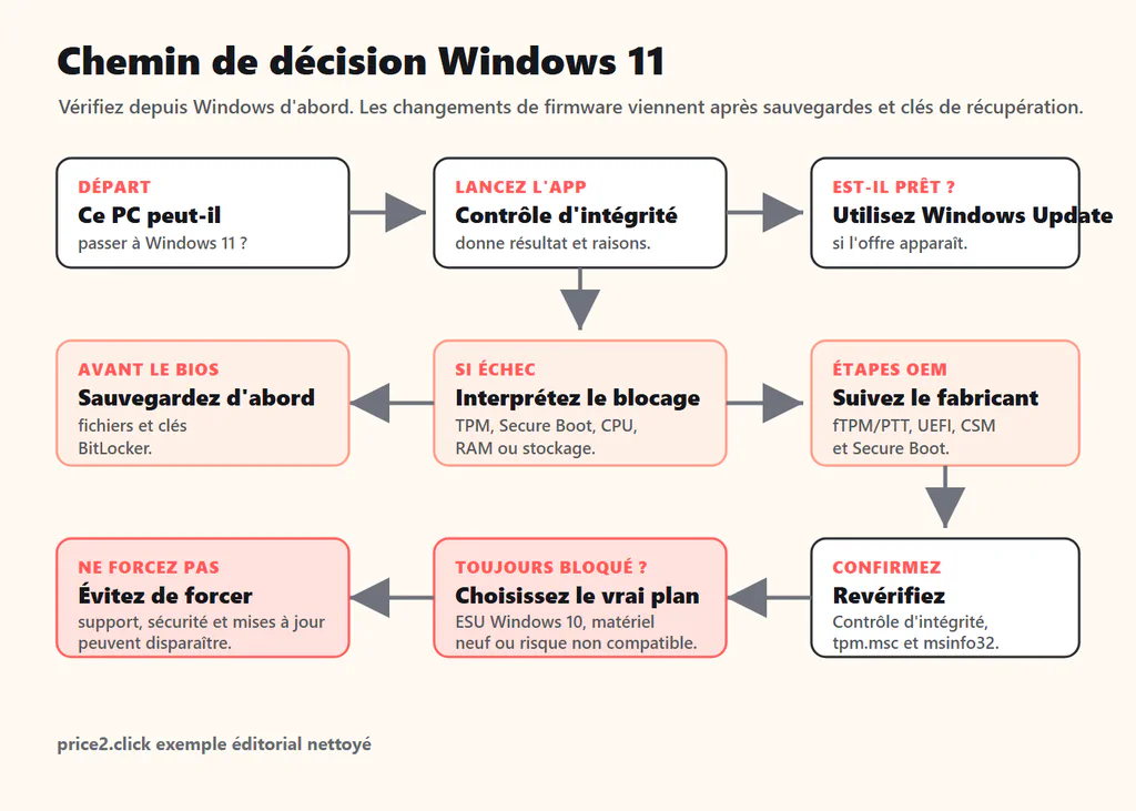 Chemin de décision pour vérifier la compatibilité Windows 11 avec Contrôle d'intégrité du PC, TPM, Secure Boot, clés BitLocker et options de matériel non pris en charge.
