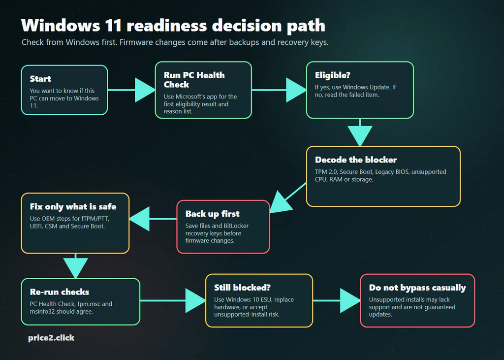 Decision path for checking Windows 11 readiness with PC Health Check, TPM, Secure Boot, BitLocker recovery keys and unsupported hardware options.