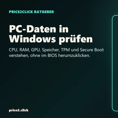 Windows-Ablauf zum Prüfen von CPU, RAM, GPU, Speicher, dxdiag und Windows-Sicherheit.