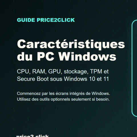 Illustration éditoriale Price2Click montrant des outils Windows pour vérifier les caractéristiques d'un PC : Paramètres, Gestionnaire des tâches, msinfo32, dxdiag et Sécurité Windows.