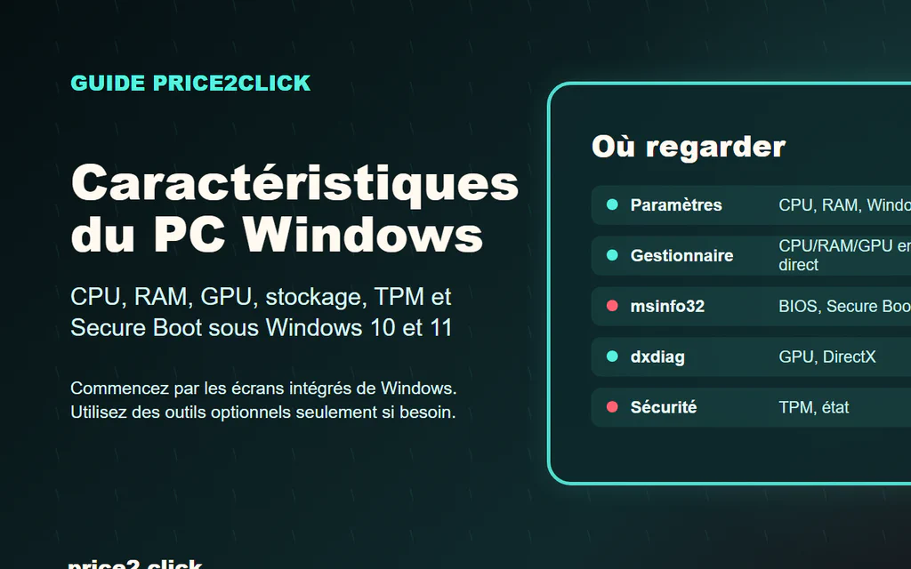 Illustration éditoriale Price2Click montrant des outils Windows pour vérifier les caractéristiques d'un PC : Paramètres, Gestionnaire des tâches, msinfo32, dxdiag et Sécurité Windows.