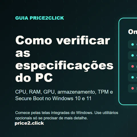 Ilustração editorial da Price2Click mostrando ferramentas do Windows para verificar especificações do PC: Configurações, Gerenciador de Tarefas, msinfo32, dxdiag e Segurança do Windows.