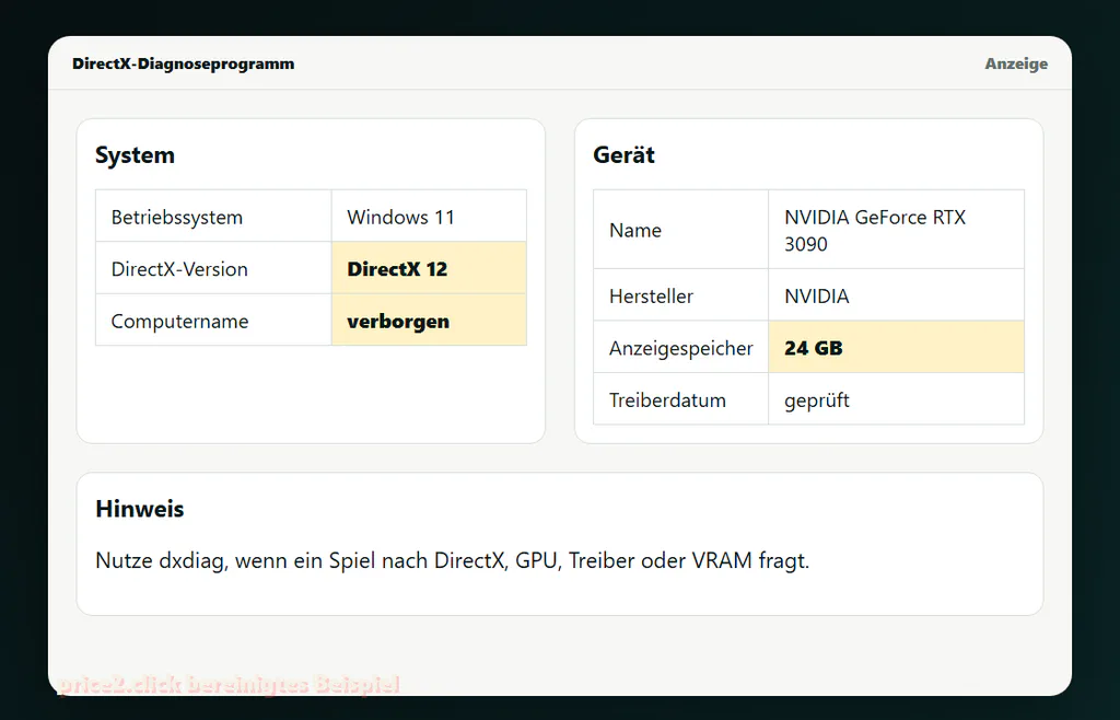 Bereinigtes deutsches Beispiel des DirectX-Diagnoseprogramms mit System- und Anzeigeinformationen zu DirectX-Version, GPU und dediziertem Speicher.