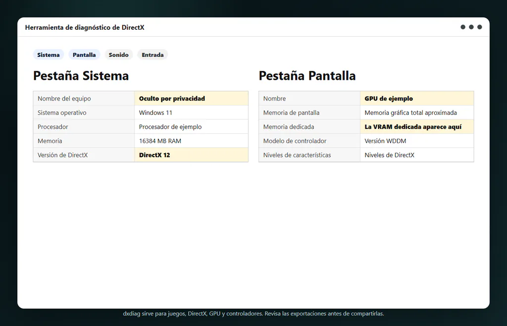 Pantalla de ejemplo de Herramienta de diagnóstico de DirectX con información de Sistema y Pantalla para versión de DirectX, GPU y memoria dedicada.