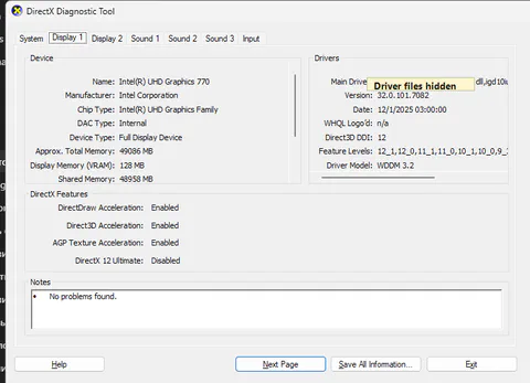 Sanitized DirectX Diagnostic Tool example showing System and Display information for DirectX version, GPU and dedicated memory.