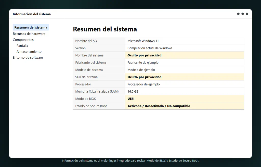 Pantalla Resumen del sistema de Información del sistema con filas Modo de BIOS y Estado de arranque seguro y campos privados ocultos.