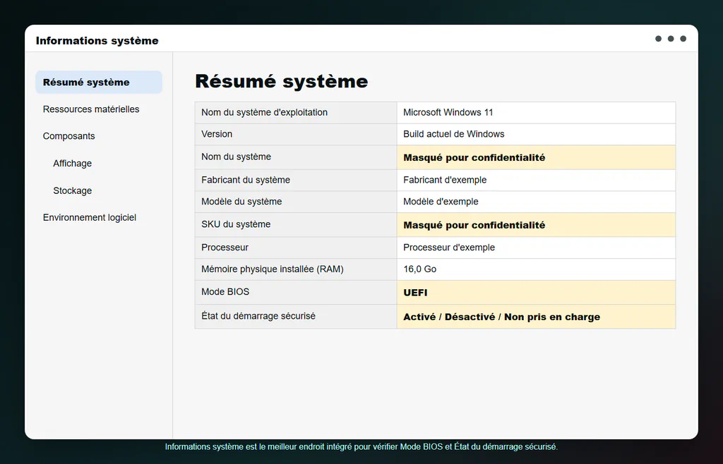 Écran Résumé système d'Informations système nettoyé, montrant les lignes Mode BIOS et État du démarrage sécurisé avec les champs privés masqués.