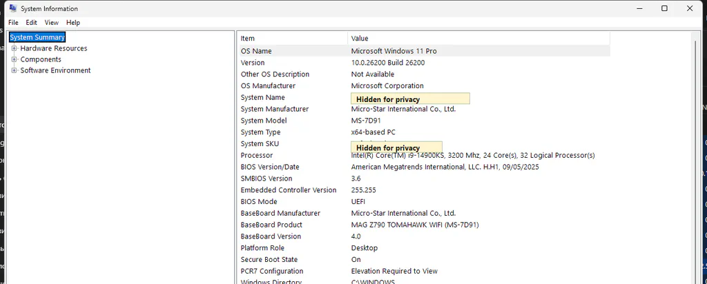 Sanitized System Information System Summary screen showing BIOS Mode and Secure Boot State rows with private system fields hidden.