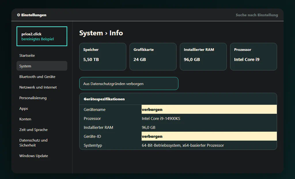 Bereinigtes deutsches Beispiel der Windows-Seite Einstellungen > Info mit Prozessor, installiertem RAM, Systemtyp und Windows-Spezifikationen; private IDs sind verborgen.