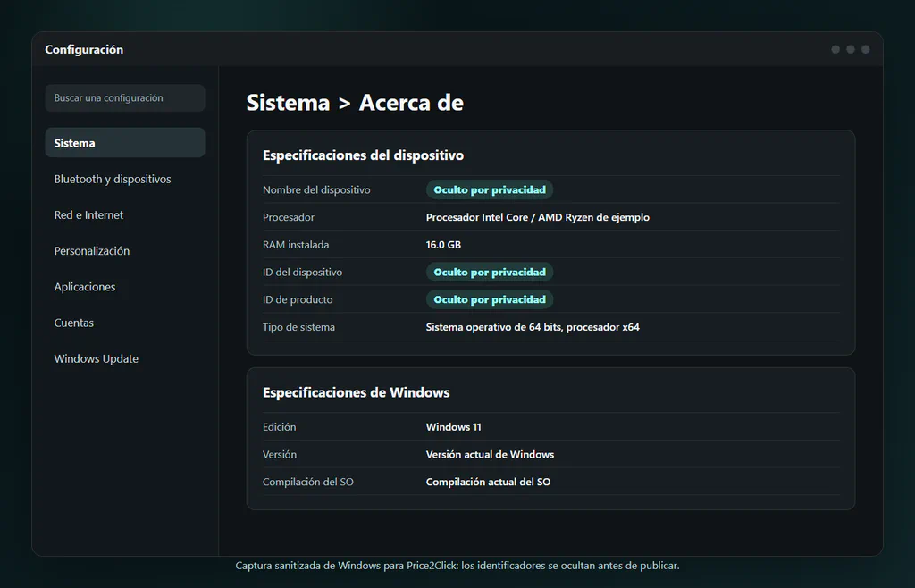 Página Acerca de de Configuración de Windows mostrando dónde aparecen procesador, RAM instalada, tipo de sistema y especificaciones de Windows, con IDs privados ocultos.