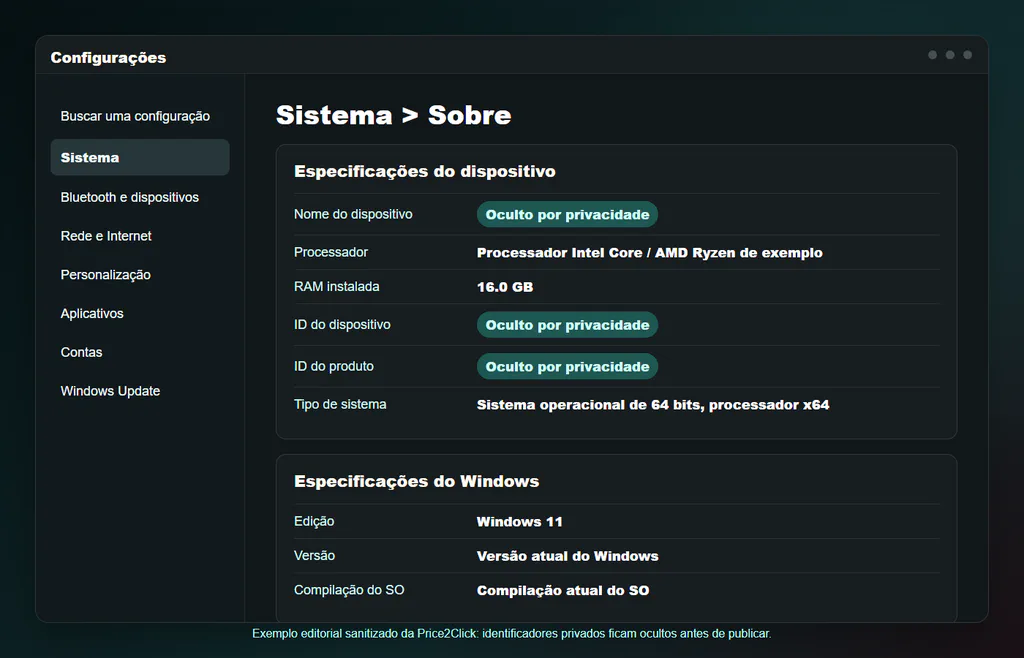 Página Sobre das Configurações do Windows mostrando onde aparecem processador, RAM instalada, tipo de sistema e especificações do Windows, com IDs privados ocultos.