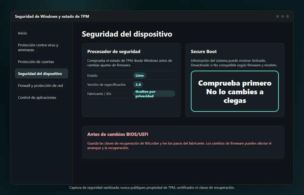 Pantalla de ejemplo de Seguridad de Windows y estado de TPM con TPM listo, versión de especificación 2.0 y advertencia de Secure Boot.