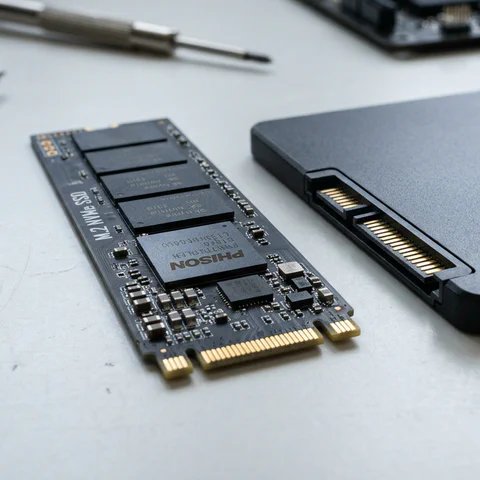 Un module SSD M.2 NVMe posé à côté d'un SSD SATA 2,5 pouces sur un établi.