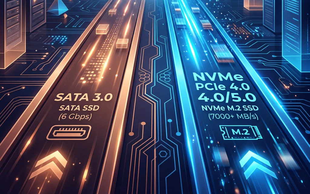Price2Click original SATA vs NVMe comparison diagram showing physical shapes and protocols.
