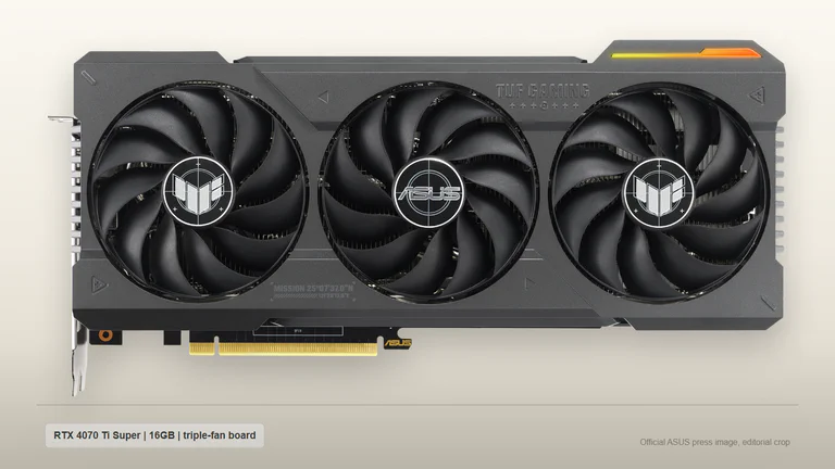 Carte graphique ASUS TUF Gaming GeForce RTX 4070 Ti Super avec trois ventilateurs, tirée d'une image de presse officielle d'ASUS.