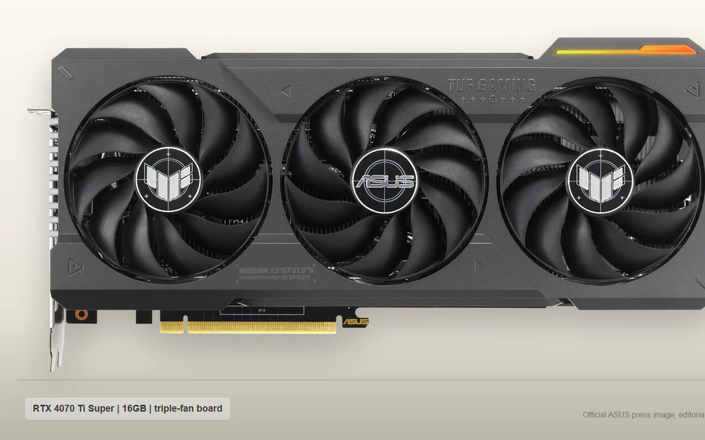 Carte graphique ASUS TUF Gaming GeForce RTX 4070 Ti Super avec trois ventilateurs, tirée d'une image de presse officielle d'ASUS.