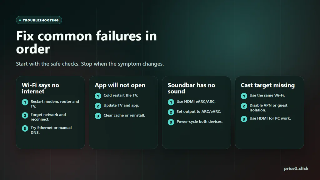 Smart TV troubleshooting cards for Wi-Fi no internet, app will not open, soundbar no sound and cast target missing.